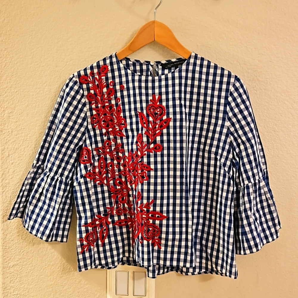 Zara blue plaid with red floral  embroidery - Picture 2 of 4